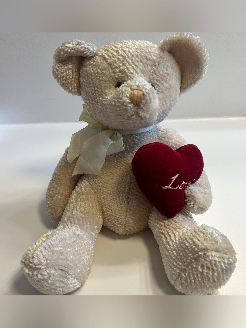 Russ L’Amour Teddy Bear Cream Plush Chenille Stuffed Animal Red Love Heart 12"